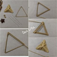 four pictures showing how to make an origami triangle with sticks and wood dows