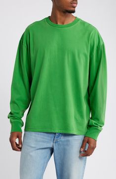 Casual and relaxed, this T-shirt made of breathable cotton sports a slightly slouchy fit that layers easily and always looks great on its own. 27 1/2" length (size Medium) Exclusive retailer Crewneck Long sleeves 100% cotton Machine wash, tumble dry Imported Oversized Green Sweatshirt, Relaxed Fit Athleisure Tops For Streetwear, Green Crew Neck Top For Loungewear, Green Crew Neck Tops For Layering, Oversized Solid Color Sporty T-shirt, Oversized Solid Sporty T-shirt, Relaxed Green T-shirt For Everyday, Green Relaxed T-shirt For Loungewear, Sporty Oversized T-shirt