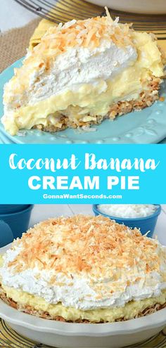 coconut banana cream pie on a blue plate