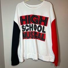 Brand New Without Tags Authentic Disney Parks Merch! Disney Channel Original Movie, High School Musical Logo Pullover With Red And Black Accent Sleeves Show Your Wildcat Spirit With The Super Soft Pullover! Item Is Brand New Without Tags! Size:2xl Measurements Pit To Pit 28” Length 26&1/2” Sleeve Length From Top 32” Smoke Free Home Bundle 3+ Items And Save 10% Any Questions Ask!! White Oversized Sweatshirt With School Spirit, Sporty Long Sleeve Tops With Character Print, White Varsity Tops For School, White Oversized Tops For School Spirit, Fun Red Tops For Fall, Hip Hop Red Winter Tops, Red Hip Hop Winter Top, White Tops For School In Fall, Character Print Crew Neck Top For College