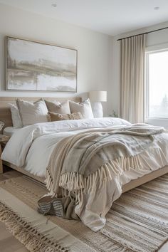 a large bed sitting next to a window in a bedroom on top of a rug