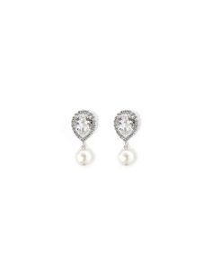 Materials: Rhodium plated brass, Swarovski crystal, 10mm Swarovski faux pearl Length: 1.65"/ 4.2cm Made in NYC MR070-02 Elegant Luxury White Crystal Earrings, Pearl Earrings Png, Earrings White Background, Luxury White Clip-on Fine Jewelry Earrings, Swarovski Earrings Studs, Luxury White Pearl Clip-on Earrings, Earrings White, Little Things, Swarovski Crystal