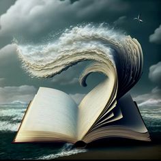 an open book with waves coming out of it