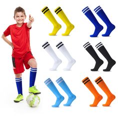 PRICES MAY VARY. COLORS&6 PAIRS SOCKS: You will receive 6 pairs of kids soccer socks, each in a different color, including 6 colors: white, black, cyan, blue, yellow, and orange. The quantity is sufficient to meet the daily matching and replacement needs of children. PROTECTIVE&ENGINEERING FOOTBALL SOCKS: Knee length kids football socks can effectively wrap around children's feet and legs, and can be worn together with leg guards to protect their legs. The rounded design at the ankle makes it mo Toddler Soccer, Socks Knee High, Baseball Socks, Mouth Design, Girls Sports, Soccer Socks, Football Socks, Girls Soccer, Kids Soccer