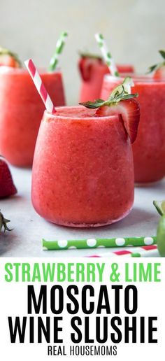 strawberry and lime moscato wine slushie with strawberries on the side