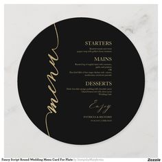 a black and gold wedding menu card with the word, marriage written in cursive writing