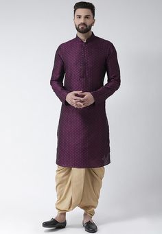 Readymade Art Dupion Silk Jacquard Kurta in Purple This Collar Neck and Full Sleeve is Allured with Woven Available with an Art Silk Dhoti in Beige Do note: Footwear shown in the image is for presentation purposes only. Half to one inch may vary in measurement. (Slight variation in actual color vs. image is possible) Utsav Fashion, Collar Neck, Engagement Outfits, Engagement Dresses, African Men Fashion, African Men