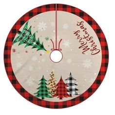 a red and black plaid christmas tree skirt hanging on a white background with snowflakes