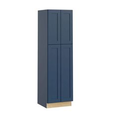 a tall blue cabinet sitting on top of a white wall