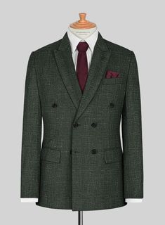 Looking for a suit that will make you feel sharp, polished and sophisticated, then you should go for our Italian Murano Bottle Green Wool Linen Double Breasted Suit. Crafted from a premium blend of wool, linen and silk, the texture on the green hue makes the suit especially versatile as well as will raise your interest level.   Look Includes  Italian Murano Bottle Green Wool Linen Fabric  Double Breasted Jacket Style  Peak Lapel  Horn Royal Black Buttons  Single Vent  Three Cuff Buttons  Two welted back pockets on trousers   You can change the look during customization if required.  Lining: Viscose; Dry Clean. Elegant Tweed Suit With Lapel Collar, Elegant Single-breasted Tweed Suit, Elegant Tailored Tweed Blazer, Elegant Tweed Three-piece Suit With Notch Lapel, Formal Tweed Blazer With Suit Collar, Elegant Tailored Linen Tweed Jacket, Elegant Tweed Business Suit, Green Tailored Tweed Jacket With Notch Lapel, Formal Tweed Blazer With Double Button Closure