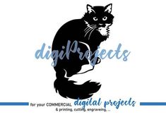 a black cat with the words digital projects for commercial projects on it's back