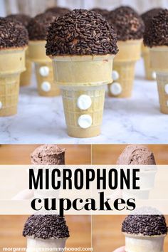 an ice cream cone with chocolate sprinkles in it and the words microwave cupcakes on top