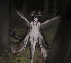 a woman with wings standing in the woods at night, surrounded by trees and grass