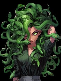 a woman with green hair and snakes on her head