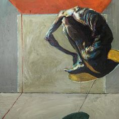 a painting of a man sitting on a chair