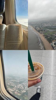 the view from inside an airplane looking down at a book and coffee cup with a green straw in it