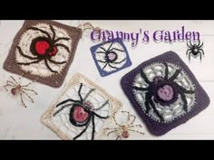 four crocheted spider coasters with the words granny's garden on them