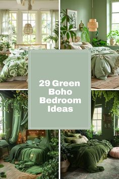 green bedroom decor with plants and greenery in the corner, including bed linens