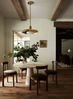 a dining room table with chairs and a potted plant in the center on top of it