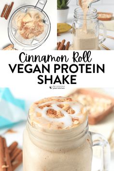 cinnamon roll vegan protein shake in a mason jar with cinnamons and cinnamon sticks