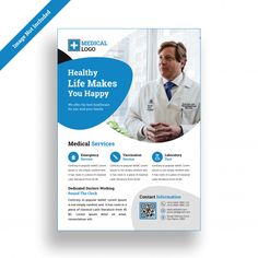 a medical brochure is shown with the image of a man in a lab coat