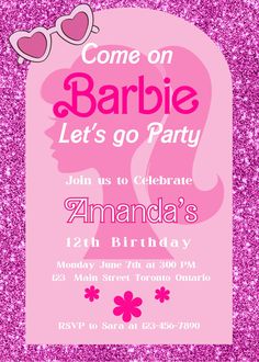 a pink birthday party card with the words barbie let's go party on it