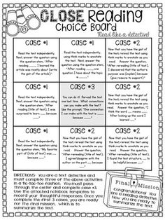 the close reading choice board for students to use