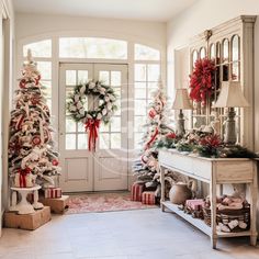 two christmas trees in front of a door with wreaths on them and presents under the tree