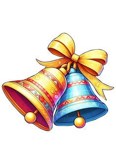 two colorful bells with bows on the top and one has a bow around it's neck