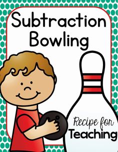 a boy is holding a bowling ball in front of a sign that says subtraction bowling