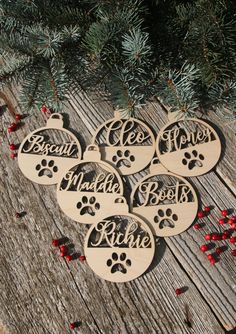 six wooden ornaments with dog's names and paw prints hanging on a tree branch