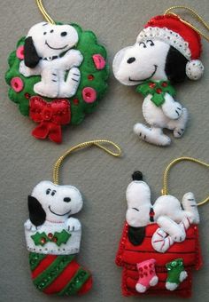 four ornaments made to look like christmas decorations