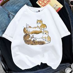 Size: L, Color: P9425 1 White Relaxed Fit T-shirt With Cat Design, White Relaxed Fit Top With Cat Print, White Relaxed Fit Top With Cat Design, Relaxed Fit Graphic Tee With Cat Design, Black White Clothes, Cat Shark, Black White Outfit, White Clothes, Fashion 90s