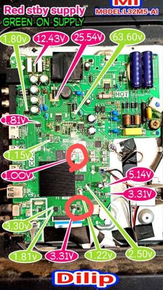 an electronic board with different parts labeled in red and green