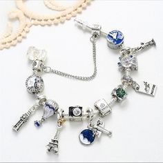 Vacation Charm Bracelet. Clasp Type Pandora Style. Length 21cm Pandora Travel Bracelet Ideas, Silver Charm Bracelets, Pandora Travel Bracelet, Pandora Travel, Travel Charm Bracelet, Nomination Bracelet, Travel Bracelet, Traveling Aesthetic, 17 Birthday