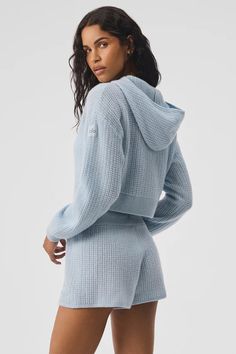 Cashmere Plush Waffle Full Zip Hoodie - Dark Cactus | Alo Yoga Clothes Minimalist, Yoga Hoodie, Cashmere Yarn, Woman Back, Crystal Blue, Back Women, Alo Yoga, Full Zip Hoodie, Crop Tank