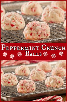 peppermint crunch balls on a cooling rack with candy canes in the background