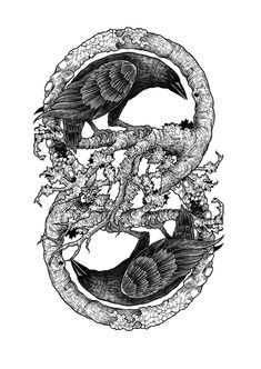 the letter e is made up of two birds and branches with flowers on it, in black and white