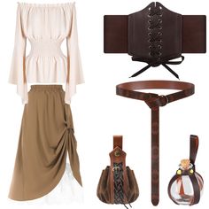 a women's outfit with accessories including boots, belt and purse