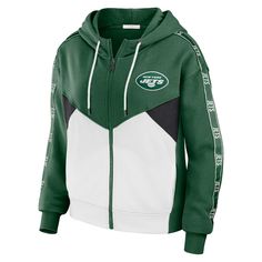 The Women's WEAR by Erin Andrews Green/White New York Jets Plus Size Color Block Full-Zip Hoodie is the perfect way to show your support for the New York Jets. This midweight hoodie is made of a soft cotton and polyester blend, and features a fleece lining for added warmth. The screen print graphics and sewn-on stripes with sublimated graphics proudly display your New York Jets pride, while the drop shoulders and two side pockets provide a comfortable and stylish fit. Whether you're cheering on the Jets from the stands or just relaxing at home, this hoodie is sure to keep you warm and comfortable. Erin Andrews, The Jets, Hoodie Green, New York Jets, Women's Wear, Full Zip Hoodie, Lightweight Hoodie, Screen Print, The Drop