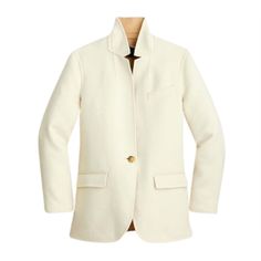 Nwt Jcrew Leighton Blazer Jacket Womens 4 Cream Ivory Double Faced Wool Bj930 New With The Tags Women's Leighton Blazer Jacket Jcrew Style # Bj930 Size: 4 Armpit To Armpit - 20" Length - (Center Neck On Back To Bottom) - 27" Cream Color Double Faced Wool One Button Front Stand Collar Long Sleeve Unlined Chest Pocket Flap Pockets Timeless & Versatile Brand New With The Tags, Jcrew Leighton Blazer In A Size 4. An Indoor/Outdoor Chameleon With All The Polish Of A Blazer And All The Coziness Of A Co Cream Sport Coat With Notch Lapel For Workwear, Off White Outerwear For Work In Winter, Classic Cream Sport Coat For Fall, Off White Blazer For Workwear In Fall, White Sport Coat For Workwear, Off White Blazer For Fall Workwear, White Long Sleeve Sport Coat For Work, Tailored Classic Outerwear In Winter White, Classic Tailored Winter White Outerwear