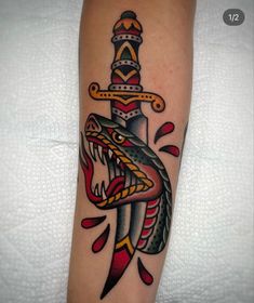 Snake Knife Tattoo Traditional, Trad Snake Tattoo, Traditional Knife Tattoo, Snake Dagger Tattoo, Snake And Dagger Tattoo, Traditional Dagger Tattoo, Skateboard Artwork, Tattoo 2022, Traditional Snake Tattoo