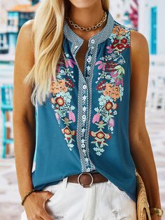 Boho Floral Casual Sleeveless Blouse Printed Sleeveless Beach Tops, Sleeveless Printed Beach Top, Sleeveless Printed Tops For Beach, Sleeveless Vest Blouse For Summer, Blue Printed Sleeveless Top, Blue Sleeveless Beach Vest, Bohemian Sleeveless Blouse With Floral Print, Bohemian Printed Tank Top, Summer Sleeveless Printed Vest