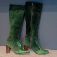 Great Vintage Condition Beautiful Juicy Green,, Color Of The Season! Minor Scuffs Front And Some Use On Suede Bit Nothing Major Unique Boots Measurement In Photos Interior Clean,Lined With Soft Leather Outsoles Partially Replaced Green Fitted Boots For Formal Occasions, Formal Green Fitted Boots, Formal Fitted Green Boots, Casual Fitted Heeled Boots With Leather Sole, Fitted Casual Heeled Boots With Leather Sole, Vintage Green Leather Boots, Green Fitted Boots With Reinforced Heel, Green Retro Fitted Heels, Green Boots With Reinforced Heel And Fitted Design