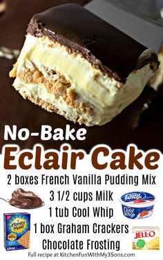 no - bake eclair cake with chocolate frosting and vanilla pudding mix