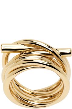 Tiered ring in gold-tone brass. · Twisted detailing throughout · Knotted accent at face Supplier color: Oro Latina Jewelry, Layered Rings, Unusual Rings, Face Logo, Classic Jewelry, Jewelry Inspo, Sterling Silver Bands, Gold Bangles, Modern Jewelry