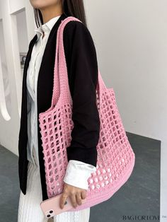 BagForLove - Pink Hollow Out Woven Crochet Bag: Spacious, Minimalist Design for Work and Travel Product Description Color Baby Pink Strap Type Double Handle Style Vacation Pattern Type Plain Bag Size Small Type Crochet Bags Closure Type No-closure Features High-capacity Material Fabric Composition 100% Polyester Size Chart INCH CM Bag Length Bag Width Bag Height Handle Height Strap Length 11.8 inch 0.8 inch 11.8 inch 7.1 inch 0 inch Bag Length Bag Width Bag Height Handle Height Strap Length 30 c Woven Crochet, Weave Shop, Work And Travel, Crochet Bags, Work Travel, Color Rosa, Womens Tote Bags, Crochet Bag, Baby Pink