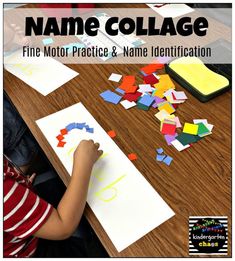 a young boy is working on his name collage with colored paper and construction numbers