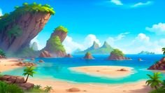 an animated beach scene with palm trees, rocks and water