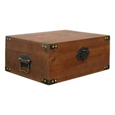 an old wooden trunk with brass handles and latches on the sides, isolated against a white background